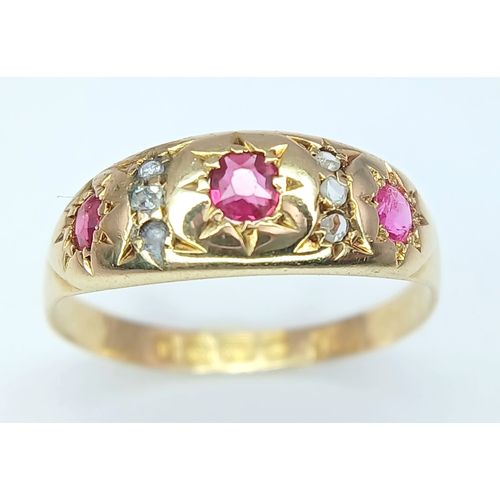 194 - An 18K Yellow Gold, Antique, Diamond And Ruby Set Ring. 2.1G, Size P. Hallmarked Birmingham 1903.  S... 