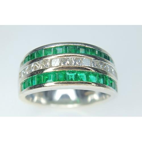 20 - An 18K White Gold, 3 Row, Diamond And Emerald Ring. 0.30Tcw Of Diamonds, 7.8G, Size M. Sc 6038