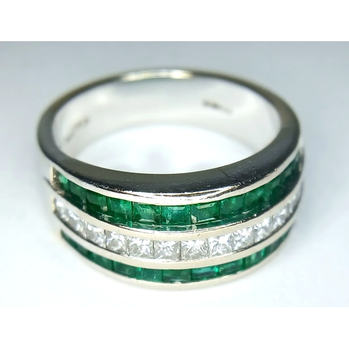 20 - An 18K White Gold, 3 Row, Diamond And Emerald Ring. 0.30Tcw Of Diamonds, 7.8G, Size M. Sc 6038