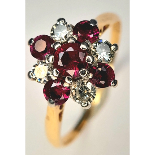 223 - An 18K Yellow Gold And Platinum, Vintage, Diamond And Ruby Set Cluster Ring. 2.1G, Size J. Sc 6052