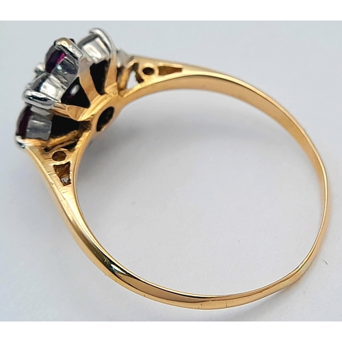 223 - An 18K Yellow Gold And Platinum, Vintage, Diamond And Ruby Set Cluster Ring. 2.1G, Size J. Sc 6052