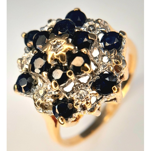 369 - A 9K Yellow Gold, Diamond And Sapphire, Cluster Ring. 3.5G, Size O. Sc 6004