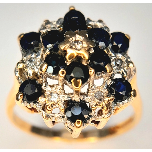 369 - A 9K Yellow Gold, Diamond And Sapphire, Cluster Ring. 3.5G, Size O. Sc 6004