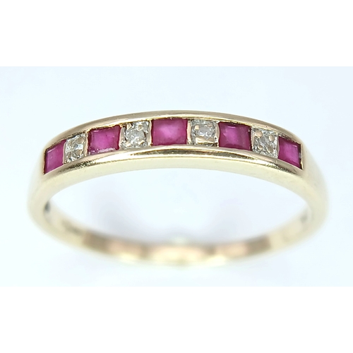 390 - A 9K Yellow Gold, Diamond And Ruby, half Eternity Ring. 1.5G, Size O. Sc 6010