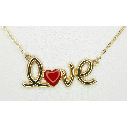 139 - An 18K Yellow Gold, Love Necklace, With Red Enamelled Heart. 1.6G. Tan 6014