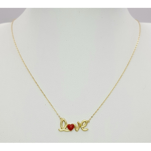 139 - An 18K Yellow Gold, Love Necklace, With Red Enamelled Heart. 1.6G. Tan 6014