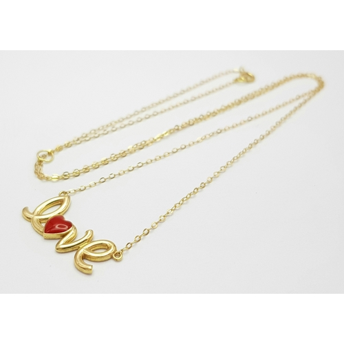139 - An 18K Yellow Gold, Love Necklace, With Red Enamelled Heart. 1.6G. Tan 6014