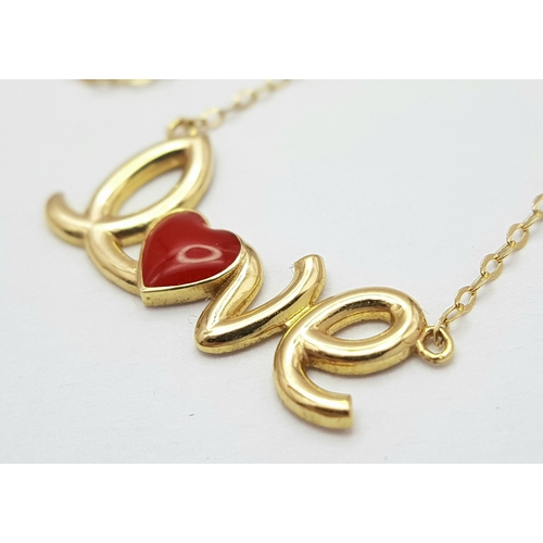 139 - An 18K Yellow Gold, Love Necklace, With Red Enamelled Heart. 1.6G. Tan 6014