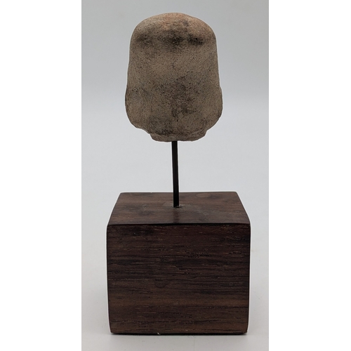 368 - A Rare Antique Mayan (Pre-Columbian) Stone Head Figure Mounted on Wooden Plinth. 11cm Tall. The head... 