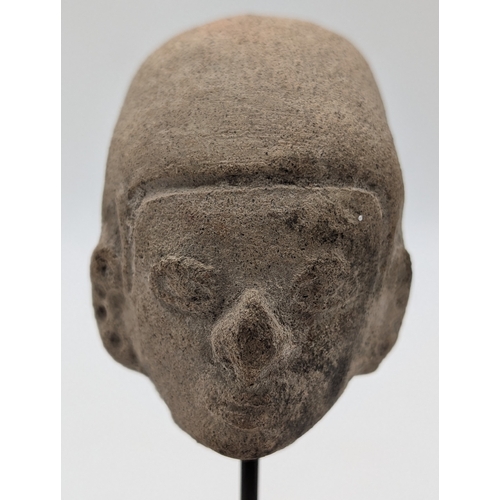 368 - A Rare Antique Mayan (Pre-Columbian) Stone Head Figure Mounted on Wooden Plinth. 11cm Tall. The head... 