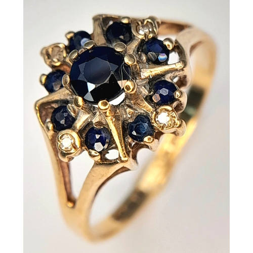 382 - An Elegant Vintage, Hallmarked 1980, 9K Gold Blue Sapphire and Diamond Set Ring - Size O. The Ring i... 