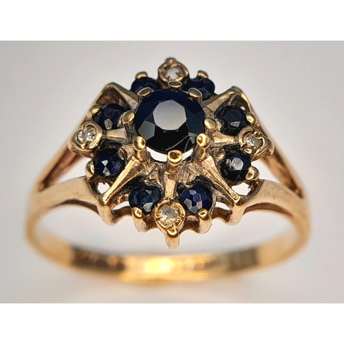 382 - An Elegant Vintage, Hallmarked 1980, 9K Gold Blue Sapphire and Diamond Set Ring - Size O. The Ring i... 