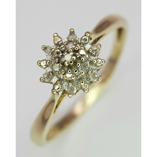 398 - A 9K Yellow Gold, Diamond Cluster Ring. 1.6G, Size Q. Sc 6006