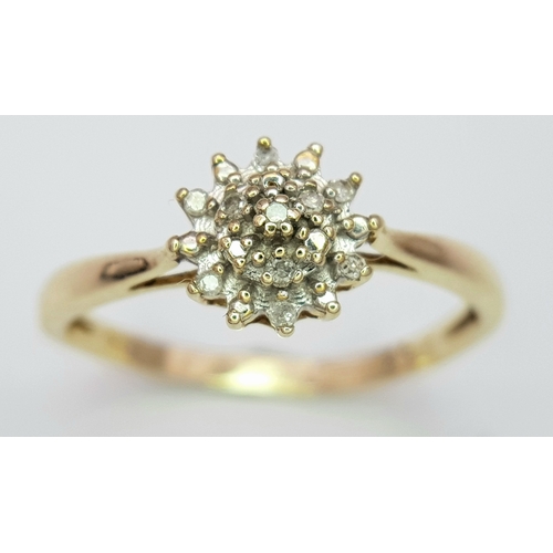 398 - A 9K Yellow Gold, Diamond Cluster Ring. 1.6G, Size Q. Sc 6006