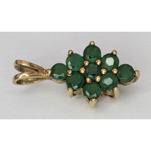 397 - An Elegant 9K Yellow Gold and Emerald Cluster Pendant. 1.5cm Length. Set with Eight 2mm Round Cut Em... 