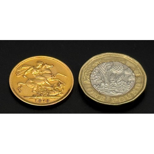 262 - AN 1878, QUEEN VICTORIA, YOUNG HEAD, MELBOURNE MINT, FULL SOVEREIGN COIN. 22K GOLD. 10118.