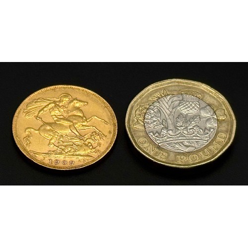 269 - A 1909, KING EDWARD VII, FULL SOVEREIGN COIN. 22K GOLD. C 6004.