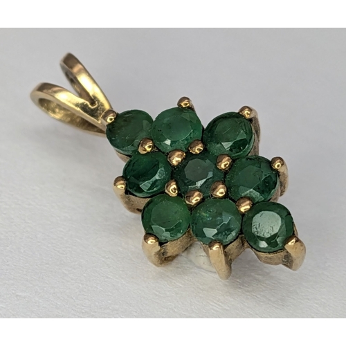397 - An Elegant 9K Yellow Gold and Emerald Cluster Pendant. 1.5cm Length. Set with Eight 2mm Round Cut Em... 