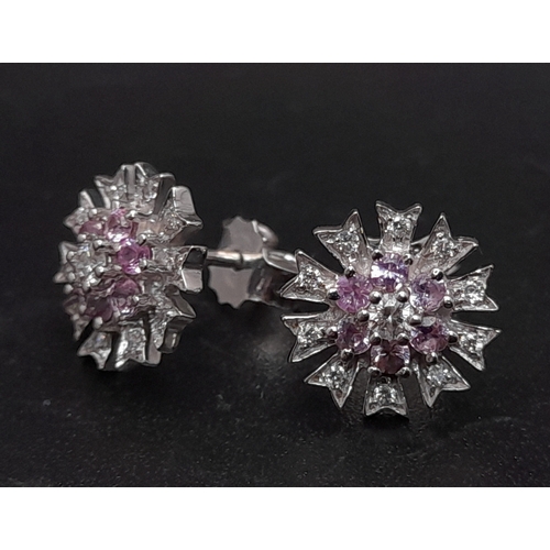 166 - A Pair Of 14K White Gold, Diamond And Pink Sapphire Set, Stud Earrings. 2.6G. Sc 6023