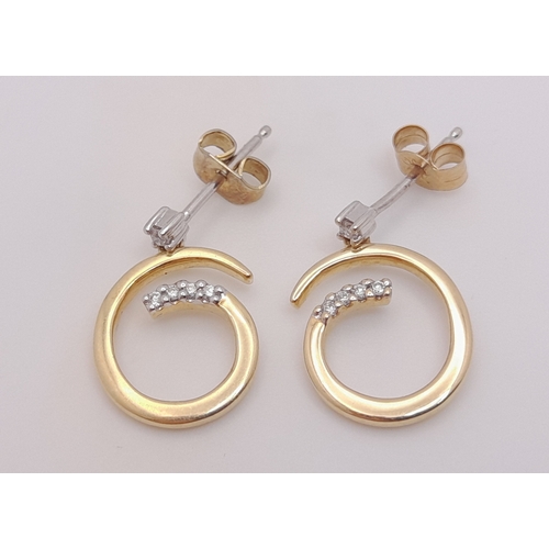 173 - A Pair Of 14K Yellow Gold, Lab Grown Diamond Set, Drop Swirl Design Earrings. 2.3G. Sc 6036
