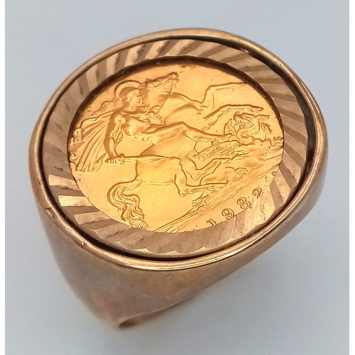 123 - A Classic Half Sovereign Ring. A 1982 Queen Elizabeth II, 22k gold half sovereign coin set in a 9K S... 
