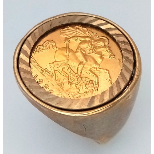 123 - A Classic Half Sovereign Ring. A 1982 Queen Elizabeth II, 22k gold half sovereign coin set in a 9K S... 