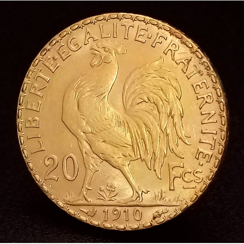 137 - A 1910 French 20 Francs Gold Coin. Known as the Rooster or Marianne coin. 900 purity (21.6K). 6.45g.