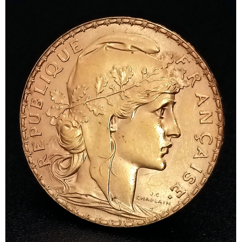 137 - A 1910 French 20 Francs Gold Coin. Known as the Rooster or Marianne coin. 900 purity (21.6K). 6.45g.