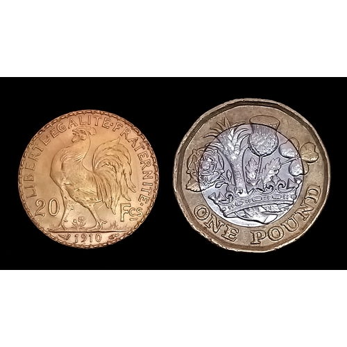 137 - A 1910 French 20 Francs Gold Coin. Known as the Rooster or Marianne coin. 900 purity (21.6K). 6.45g.