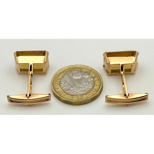 157 - A Pair of 18K Yellow Gold Citrine Cufflinks. Emerald-cut set stones. Circa - 20ctw. 11.5g total weig... 