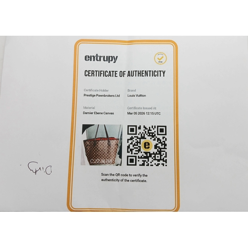 121 - A Louis Vuitton Neverfull Damier Ebene Bag. Coated canvas exterior with leather trim, gold-toned har... 