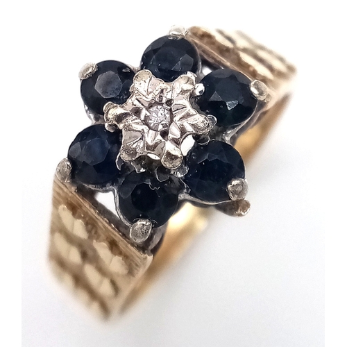 140 - Vintage 9 CARAT GOLD SAPPHIRE and DIAMOND RING.Having Beautiful Raised Heart Detail to Shoulders. Pl... 