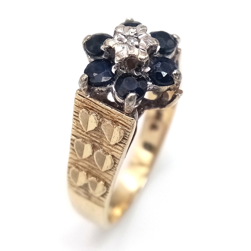 140 - Vintage 9 CARAT GOLD SAPPHIRE and DIAMOND RING.Having Beautiful Raised Heart Detail to Shoulders. Pl... 