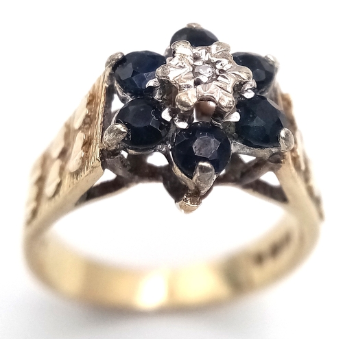 140 - Vintage 9 CARAT GOLD SAPPHIRE and DIAMOND RING.Having Beautiful Raised Heart Detail to Shoulders. Pl... 