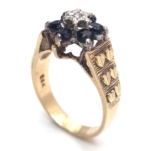 140 - Vintage 9 CARAT GOLD SAPPHIRE and DIAMOND RING.Having Beautiful Raised Heart Detail to Shoulders. Pl... 