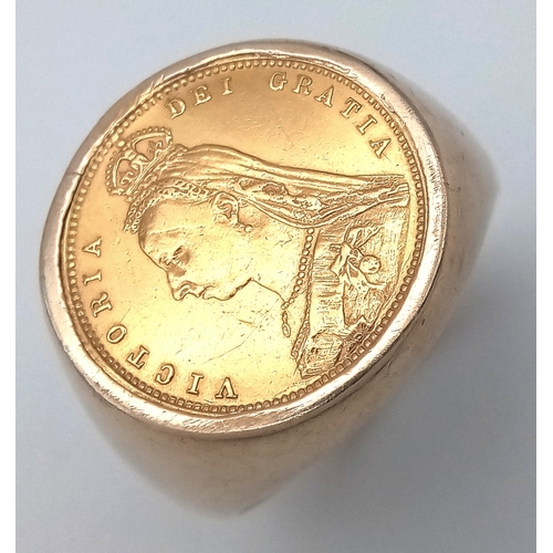 231 - Traditional HALF SOVEREIGN RING. 13.4 Grams. 22 Carat Gold Coin (4 Grams) in 9 Carat Gold Setting (9... 