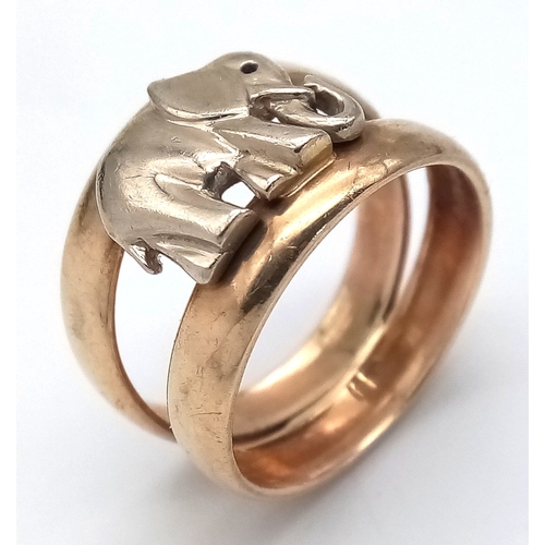 154 - Unique 9 CARAT GOLD ‘DOUBLE BAND’ ELEPHANT RING. Full hallmark. 5.19 Grams. Size M 1/2 - N. Excellen... 
