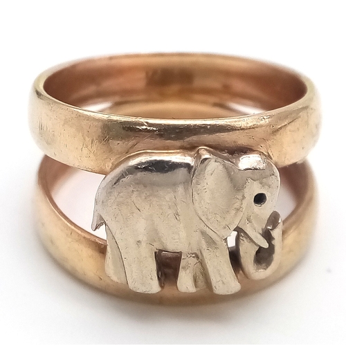 154 - Unique 9 CARAT GOLD ‘DOUBLE BAND’ ELEPHANT RING. Full hallmark. 5.19 Grams. Size M 1/2 - N. Excellen... 