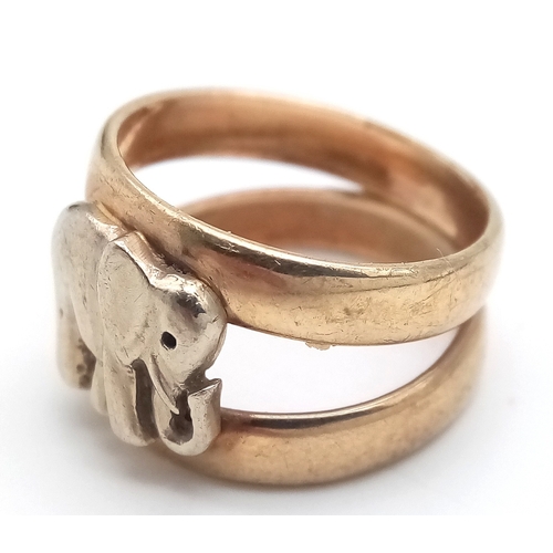 154 - Unique 9 CARAT GOLD ‘DOUBLE BAND’ ELEPHANT RING. Full hallmark. 5.19 Grams. Size M 1/2 - N. Excellen... 