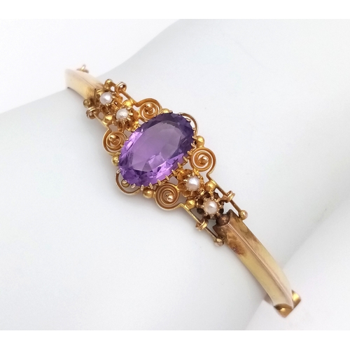 189 - Fabulous  VINTAGE 9 CARAT GOLD HINGED BANGLE. Set With LARGE OVAL CUT AMETHYST and SEED PEARLS. Comp... 