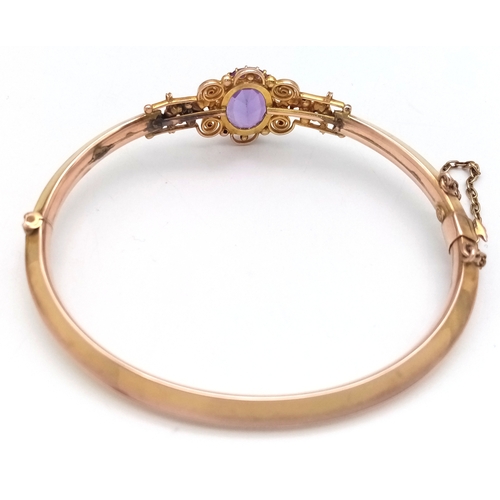 189 - Fabulous  VINTAGE 9 CARAT GOLD HINGED BANGLE. Set With LARGE OVAL CUT AMETHYST and SEED PEARLS. Comp... 