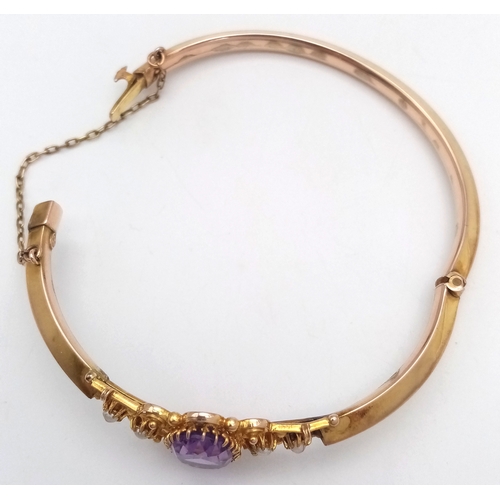 189 - Fabulous  VINTAGE 9 CARAT GOLD HINGED BANGLE. Set With LARGE OVAL CUT AMETHYST and SEED PEARLS. Comp... 