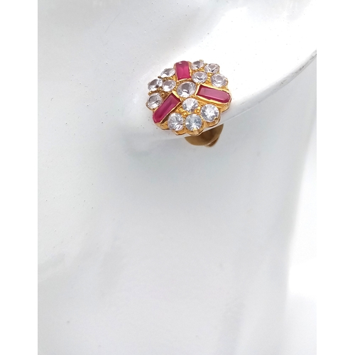 28 - Stunning Pair of INDIAN GOLD EARRINGS. Set with RUBIES and Clear White Gemstones. Complete with GOLD... 