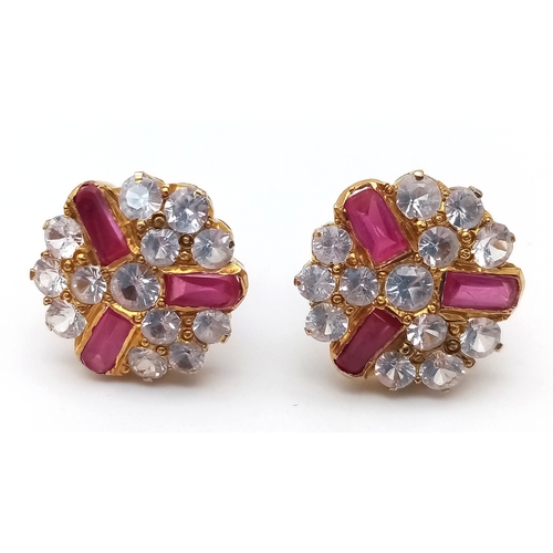 28 - Stunning Pair of INDIAN GOLD EARRINGS. Set with RUBIES and Clear White Gemstones. Complete with GOLD... 