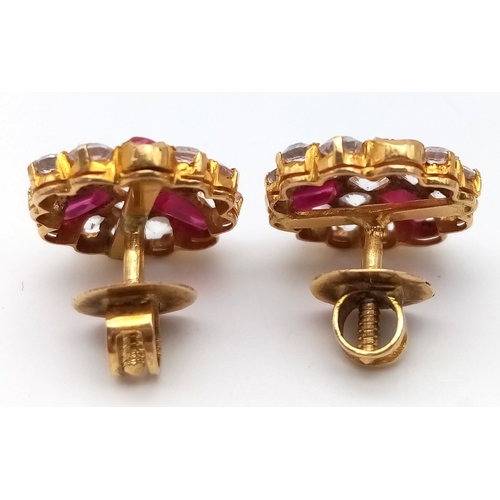 28 - Stunning Pair of INDIAN GOLD EARRINGS. Set with RUBIES and Clear White Gemstones. Complete with GOLD... 