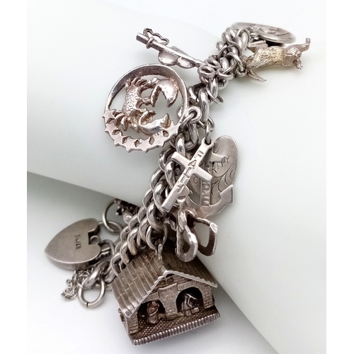 399 - Vintage SILVER CHARM BRACELET. Complete with Silver Safety Chain and  Padlock Clasp. Silver Charms t... 