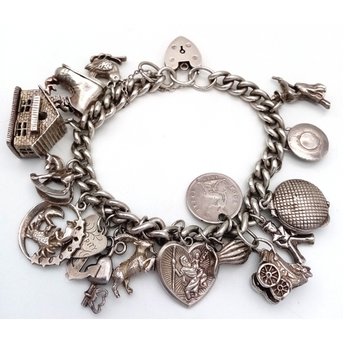 399 - Vintage SILVER CHARM BRACELET. Complete with Silver Safety Chain and  Padlock Clasp. Silver Charms t... 