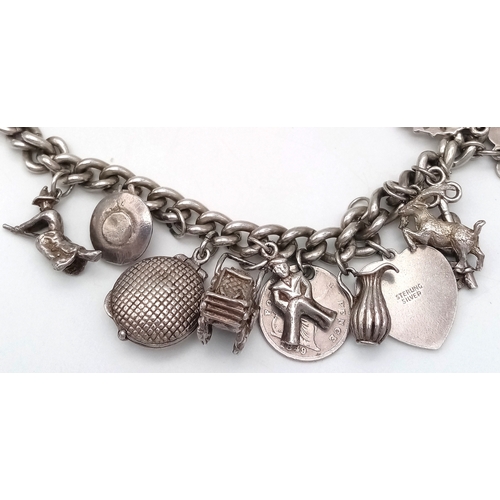 399 - Vintage SILVER CHARM BRACELET. Complete with Silver Safety Chain and  Padlock Clasp. Silver Charms t... 