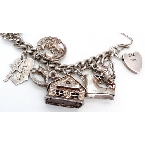399 - Vintage SILVER CHARM BRACELET. Complete with Silver Safety Chain and  Padlock Clasp. Silver Charms t... 
