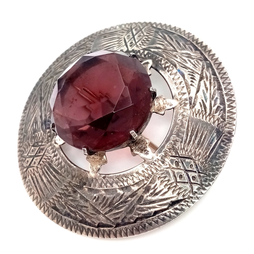 175 - Large Vintage SILVER BROOCH with Giant AMETHYST Coloured Gemstone to Centre. Beautifully Faceted . F... 